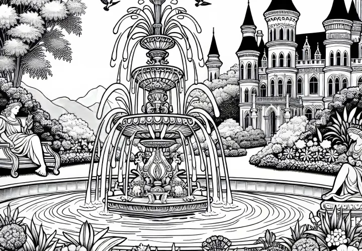 Palace garden with fountain as a coloring page - Free download