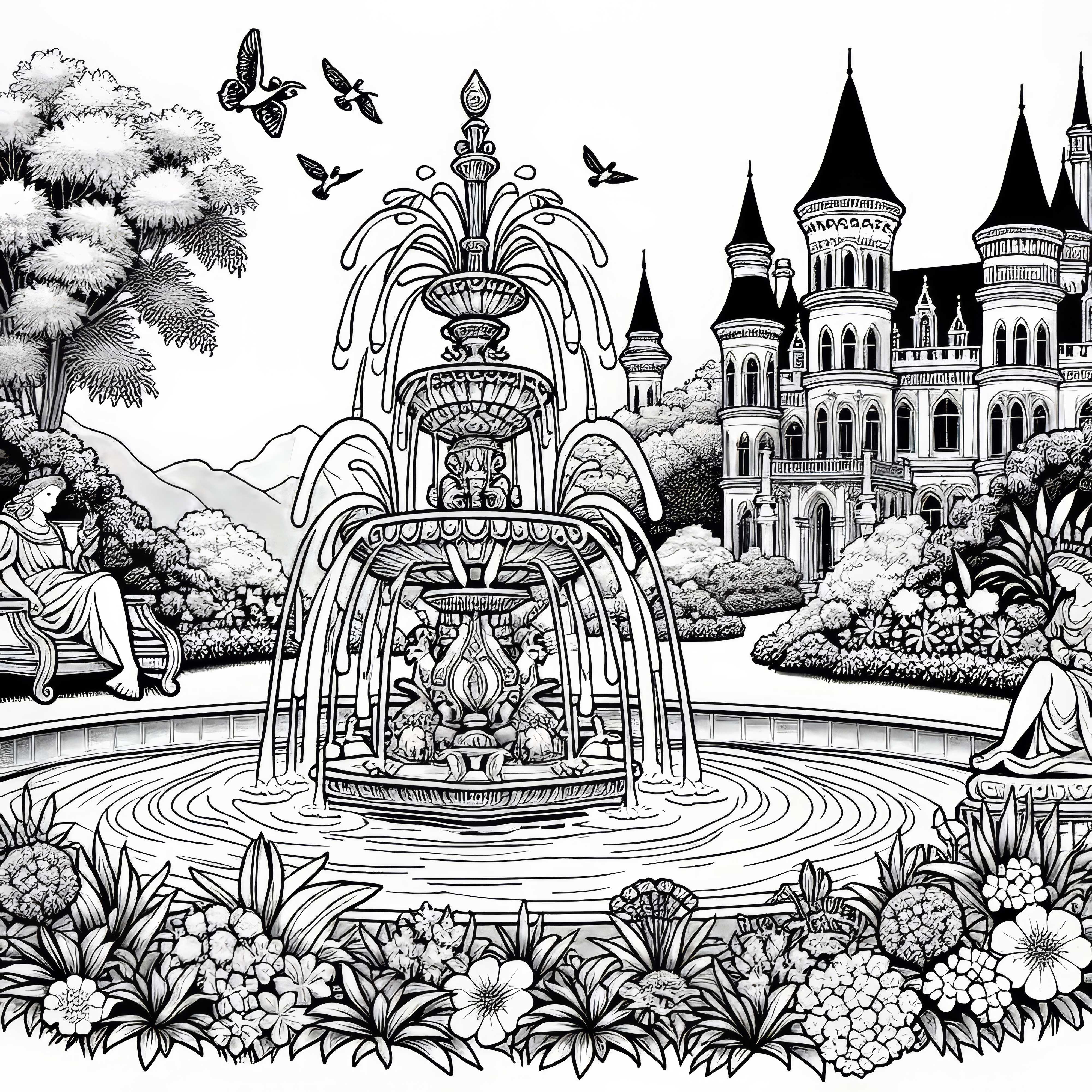 Jardim do castelo com fonte como imagem para colorir – Download gratuito