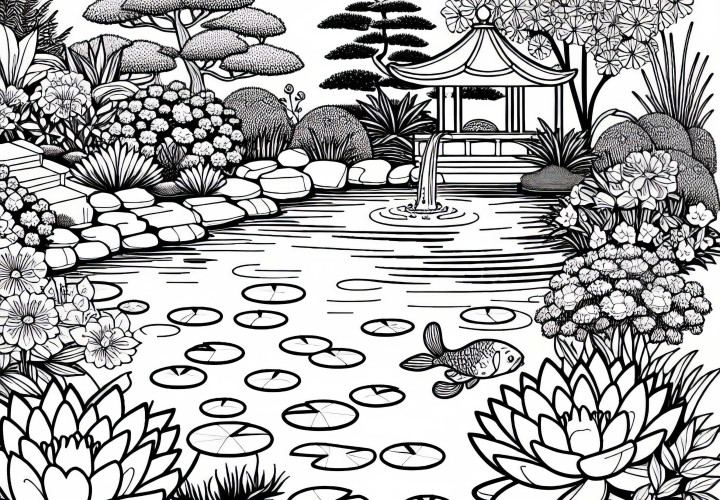 Lago com lírios e peixe Koi no jardim - Desenho para colorir gratuito