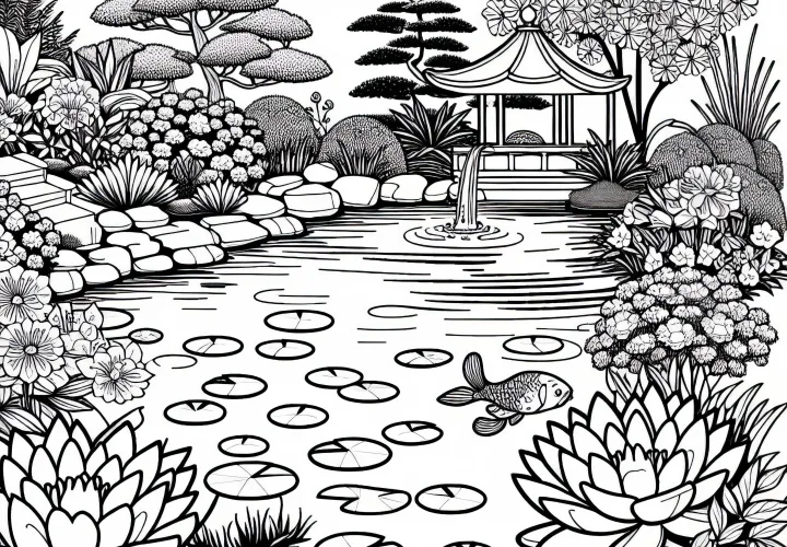 Pond with water lilies and koi fish in the garden - free coloring page