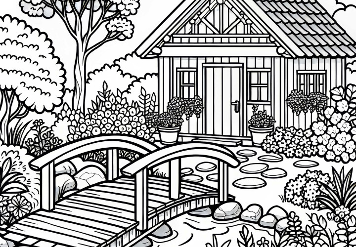 Ponte de madeira sobre um pequeno riacho no jardim - Desenho para colorir grátis