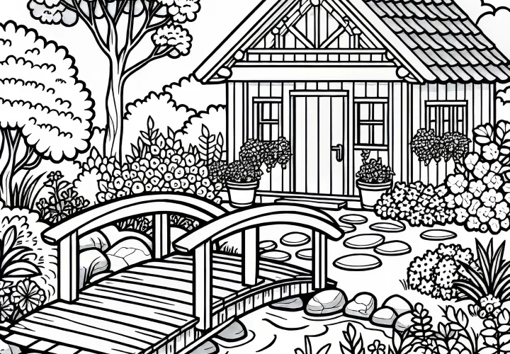 Wooden bridge over a small stream in the garden – Free coloring page