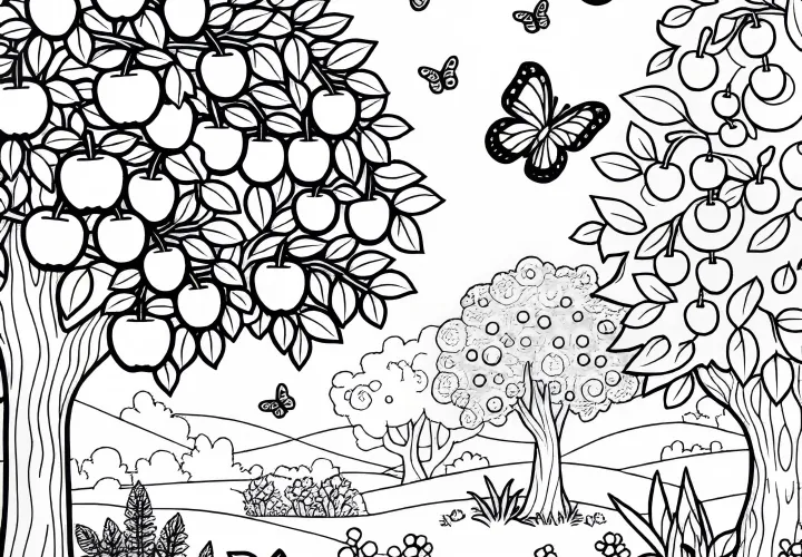 Fruit trees with ripe fruits and butterflies in the garden - Free coloring page