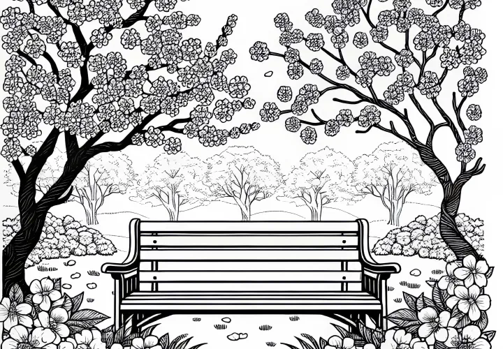 Bench under blooming cherry trees in the garden - free coloring page