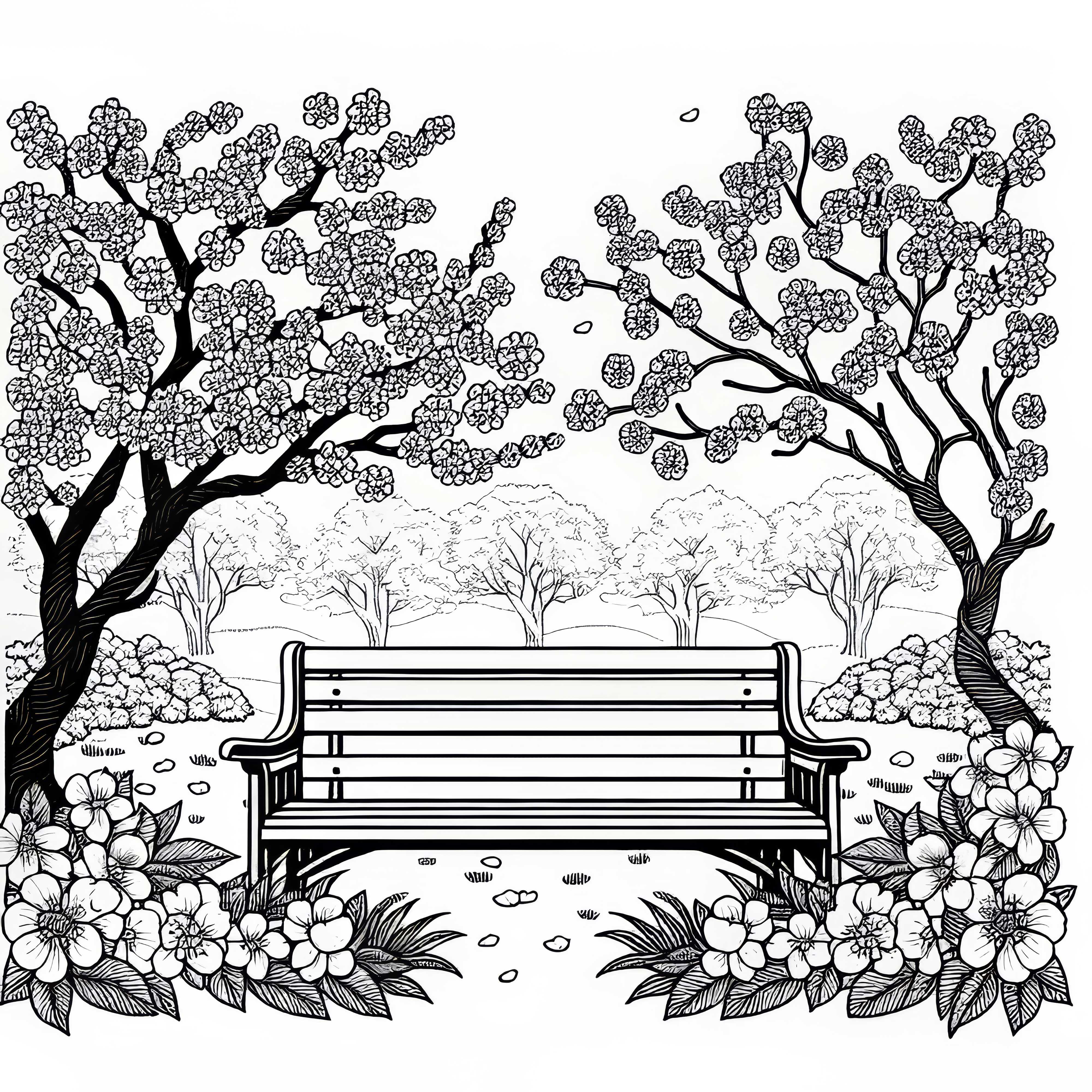 Banco sob as flores de cerejeira no jardim - Modelo para colorir grátis