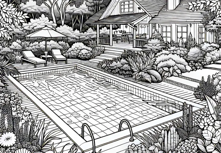 Pool in the Garden Coloring Page Free