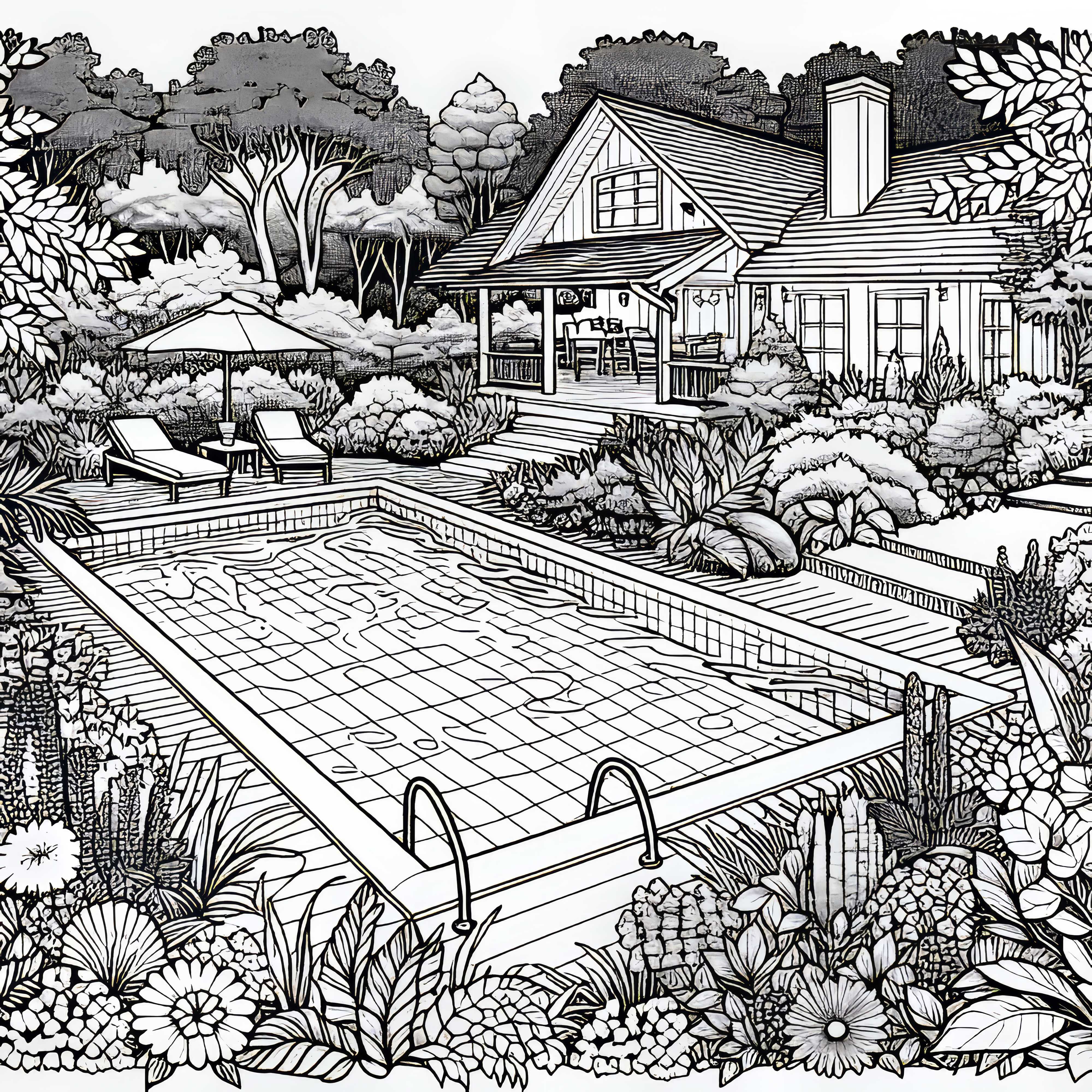 Desenho para colorir de piscina no jardim grátis