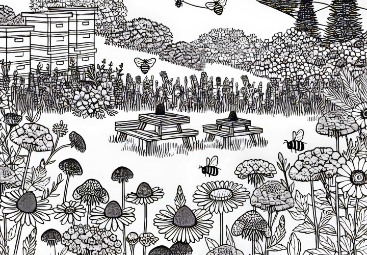 Colmeias no meio de flores silvestres no jardim - Desenho para colorir gratuito