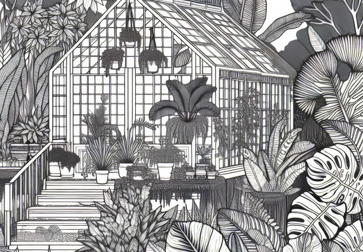 Estufa tropical com plantas exóticas no jardim - Desenho para colorir grátis