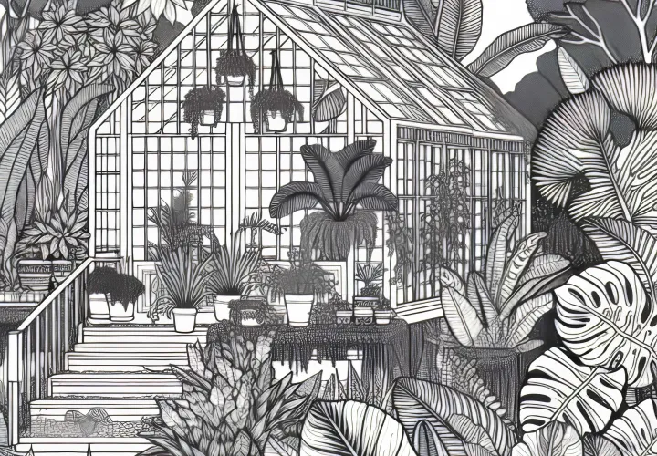 Tropical greenhouse with exotic plants in the garden – Free coloring page