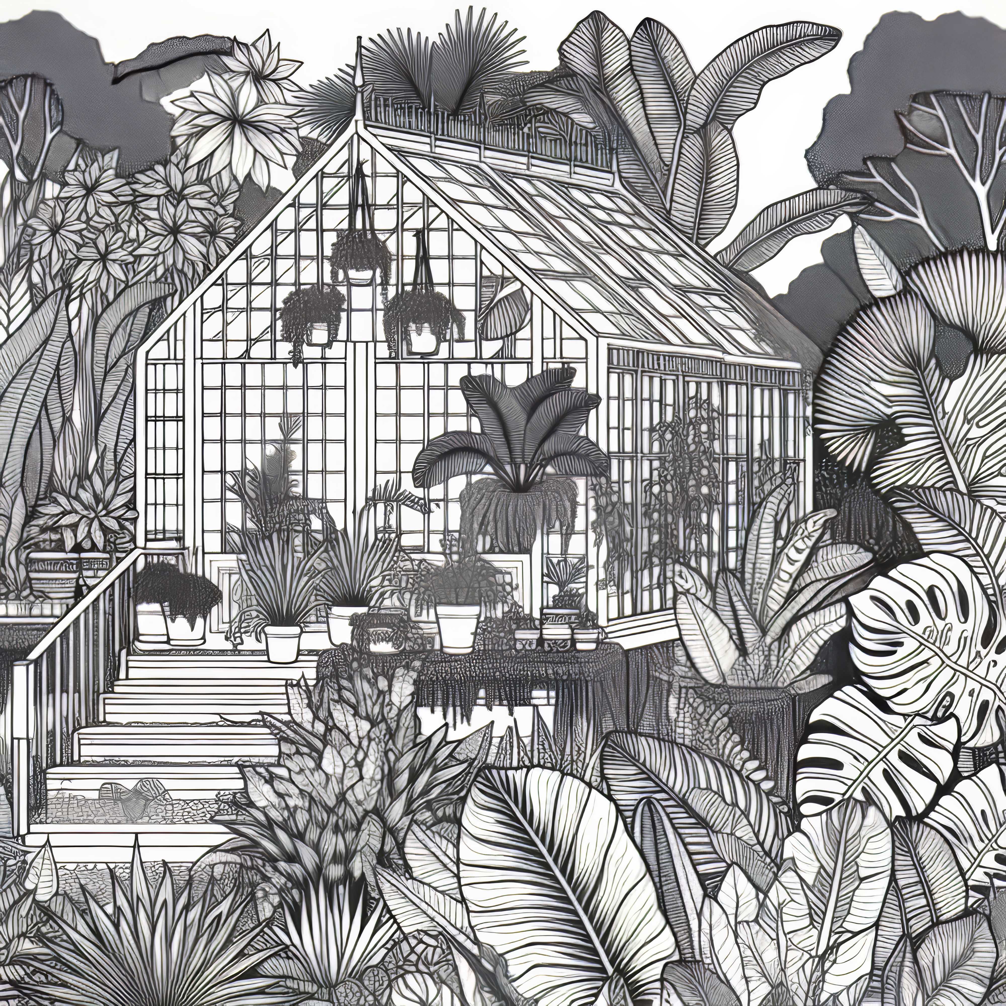 Estufa tropical com plantas exóticas no jardim - Imagem para colorir grátis Estufa tropical com plantas exóticas no jardim - Desenho para colorir grátis