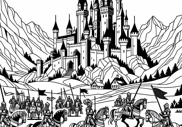 Knight tournament with lance riders in front of a castle - coloring page for free download