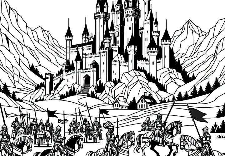 Knight tournament with lance riders in front of a castle - coloring page for free download