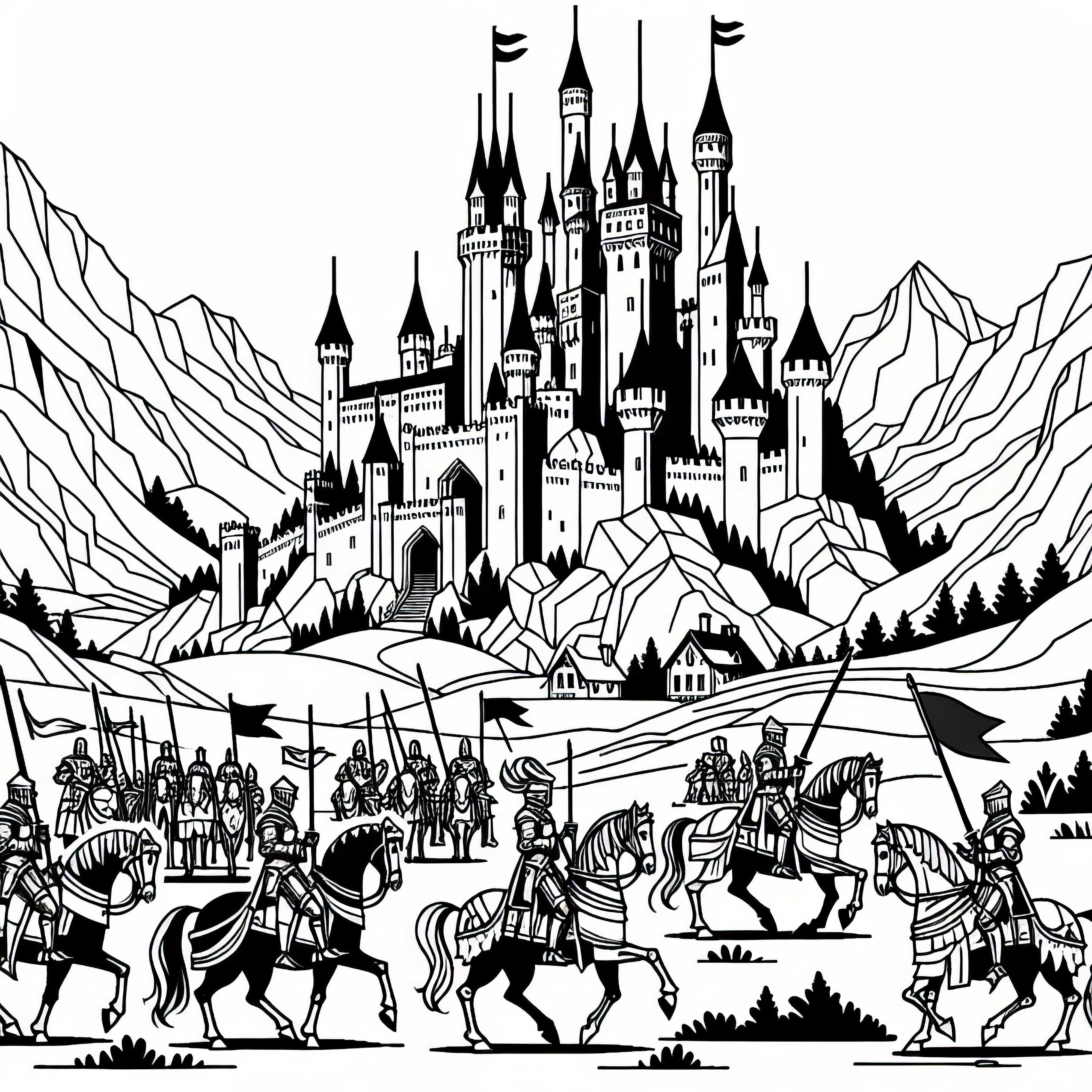 Knight tournament with lance riders in front of a castle – Coloring page for free download