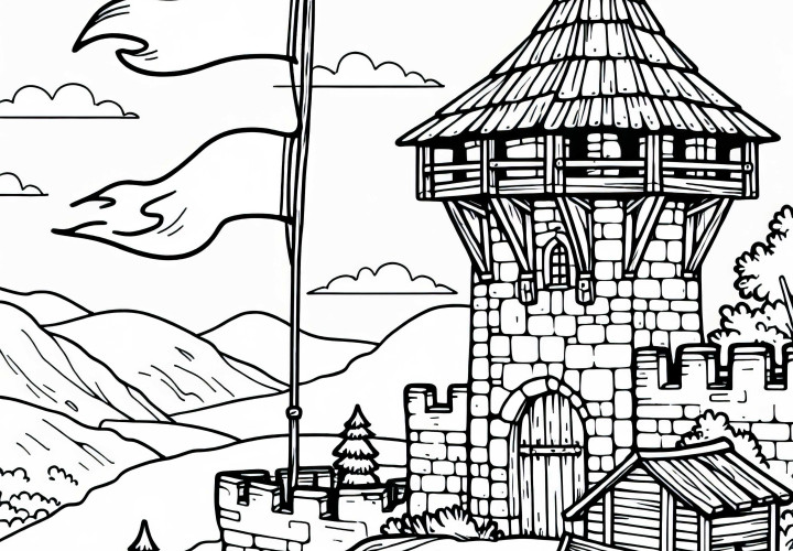 Watchtower of a castle with a fluttering flag - free coloring page