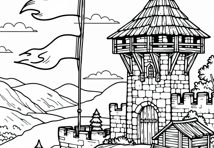 Watchtower of a castle with a fluttering flag - free coloring page