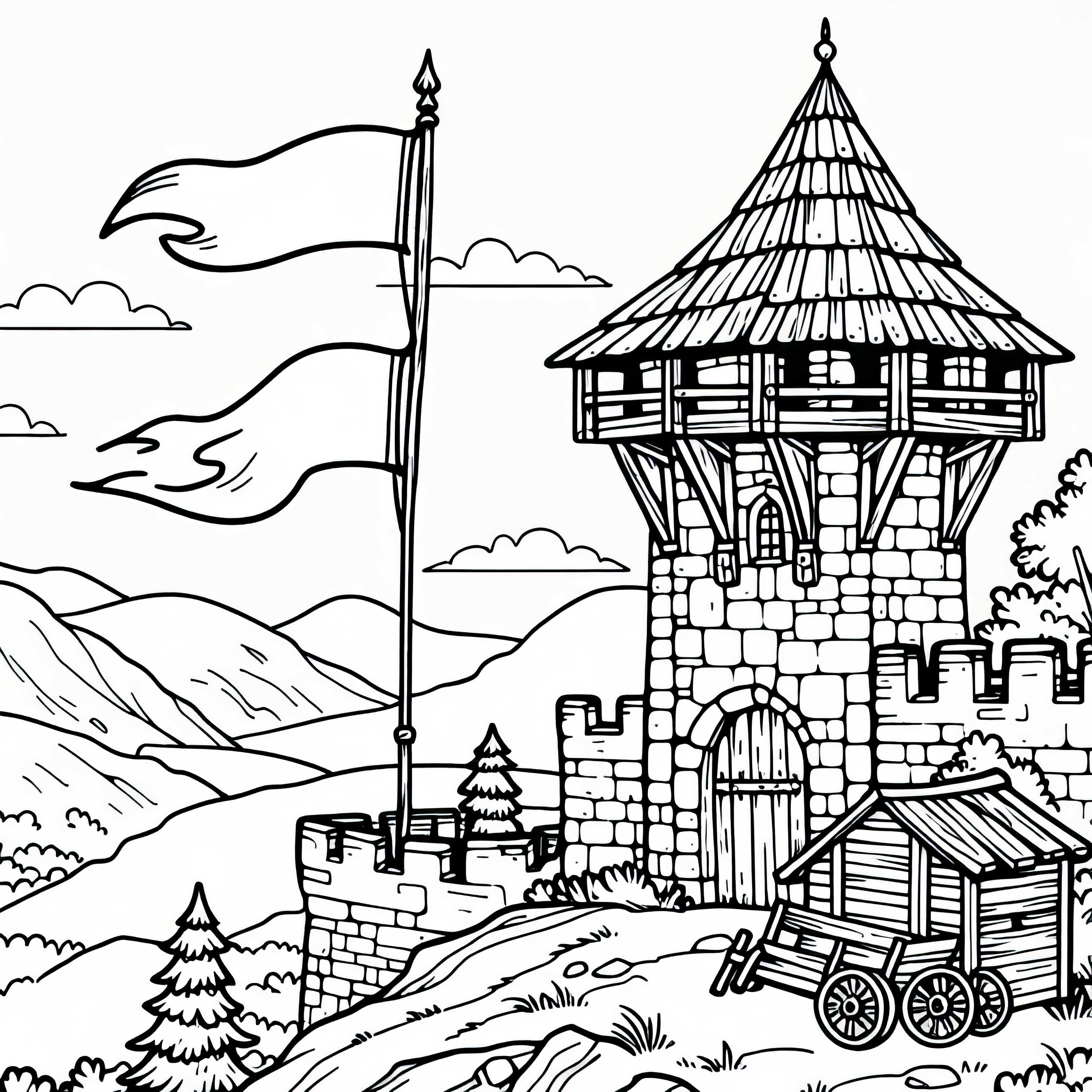 Watchtower of a castle with a fluttering flag - free coloring page