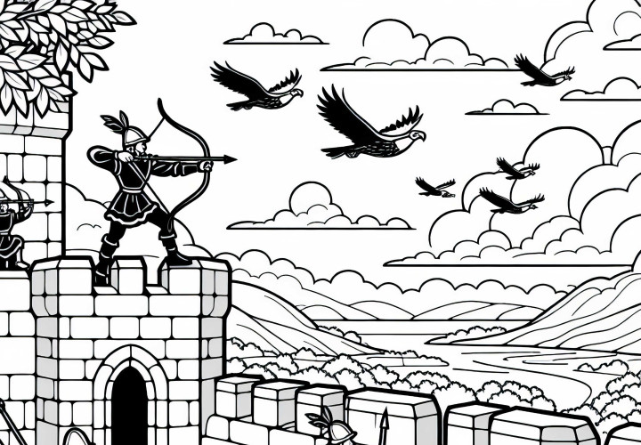 Archers on the castle wall – Free coloring page
