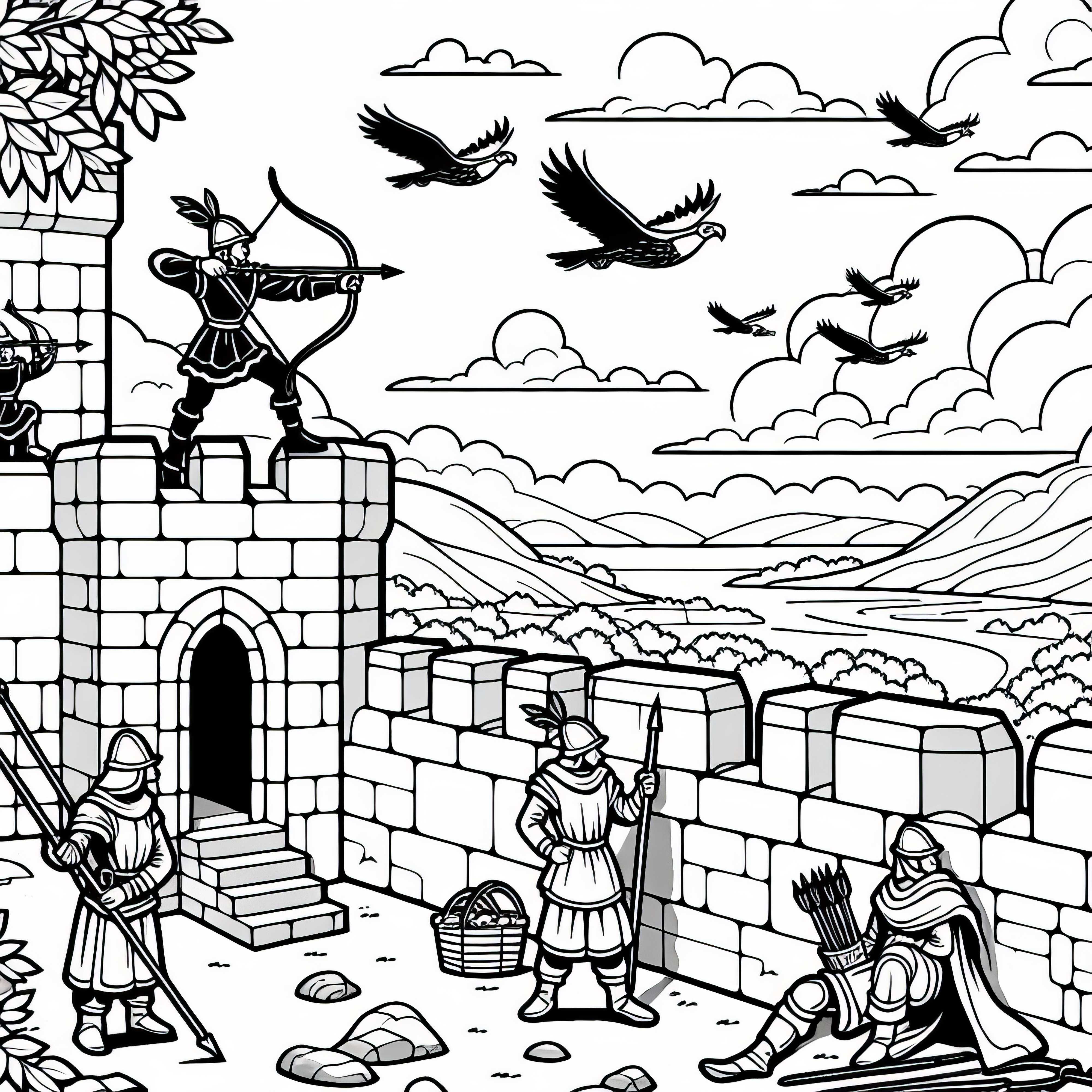 Archers on the castle wall – Free coloring page
