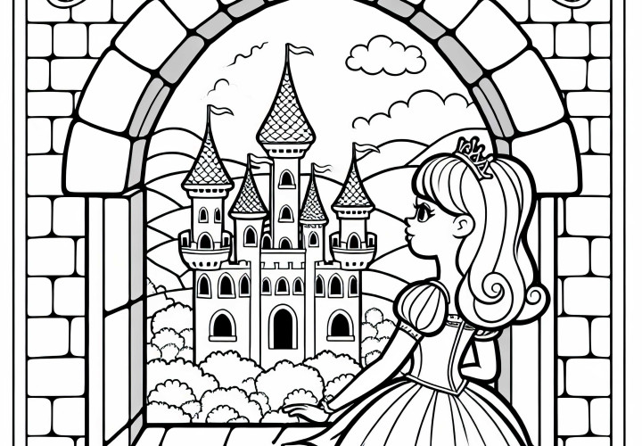 Princess looks out of the tower window of a castle - Free coloring page