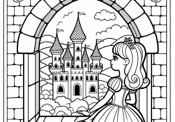 Princess looks out of the tower window of a castle - Free coloring page