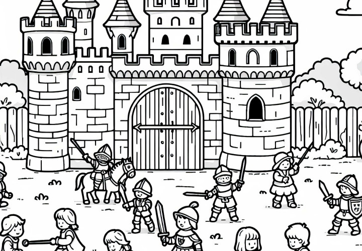 Children playing in front of the castle – Knight coloring page free