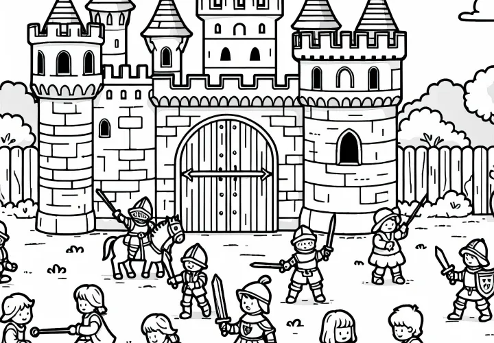 Children playing in front of the castle – Knight coloring page free