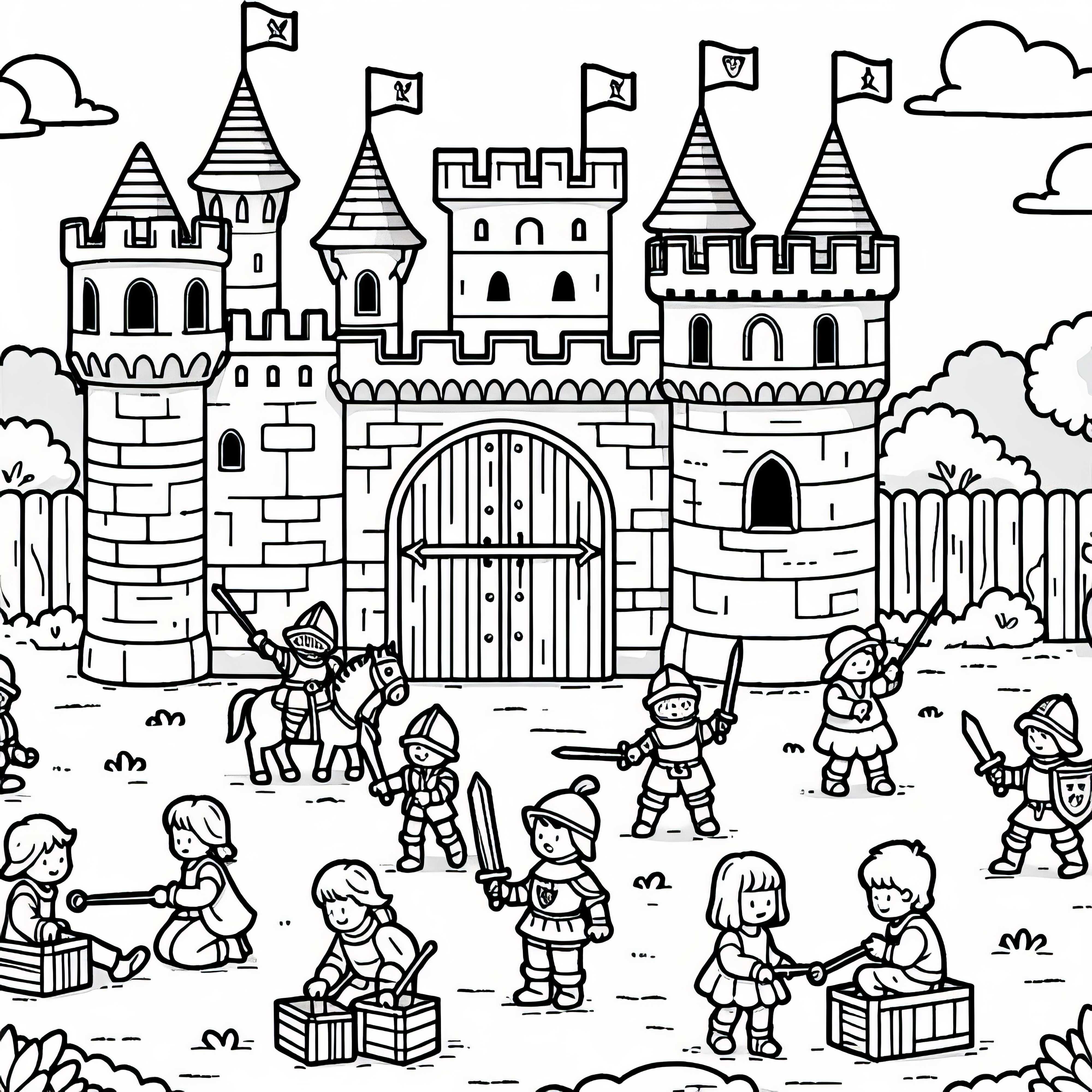Children playing in front of the castle - Knight coloring page free of charge