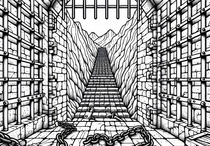 Dungeon with heavy bars and chains in a castle – Coloring page available for free download
