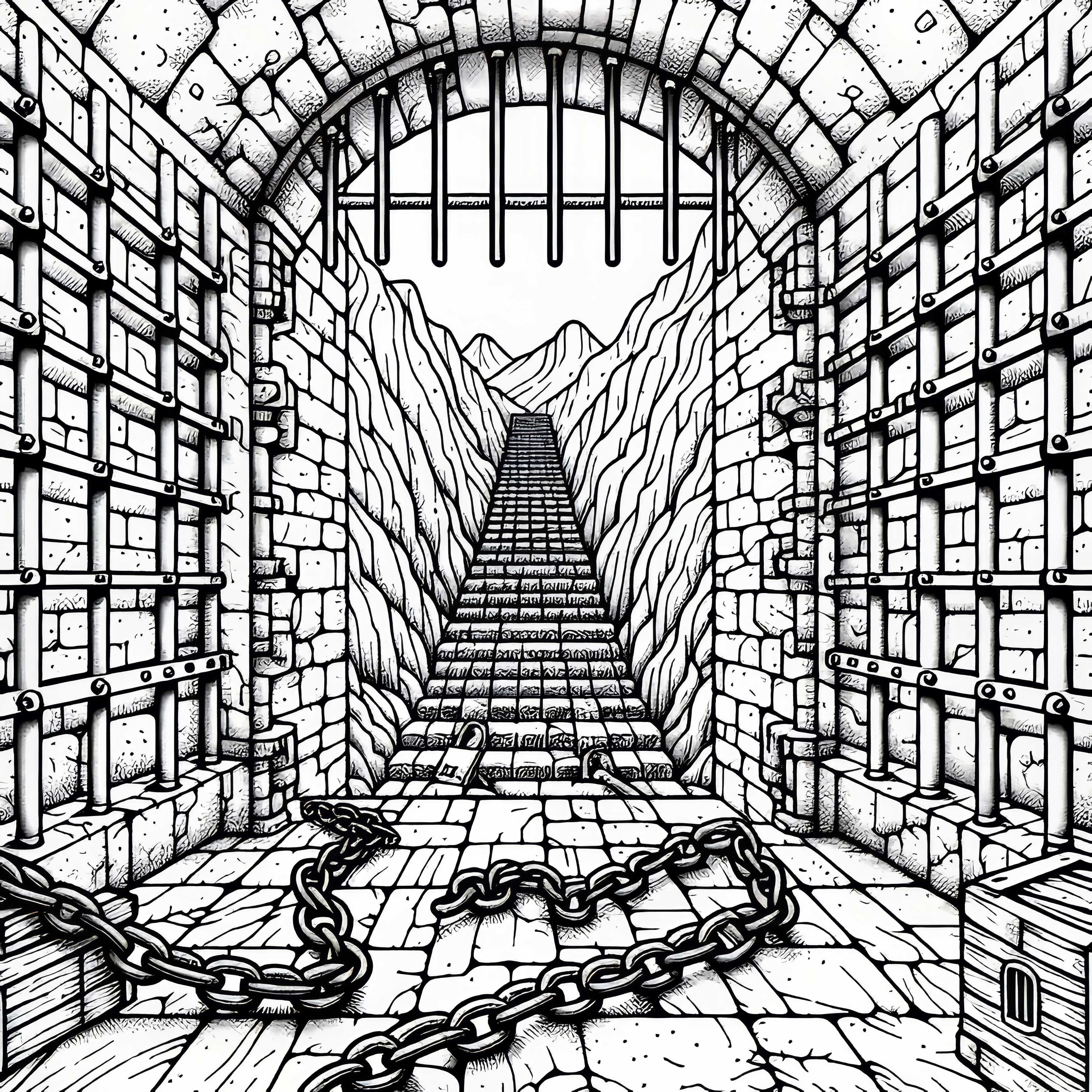 Dungeon with heavy bars and chains in a castle - Coloring page for free download