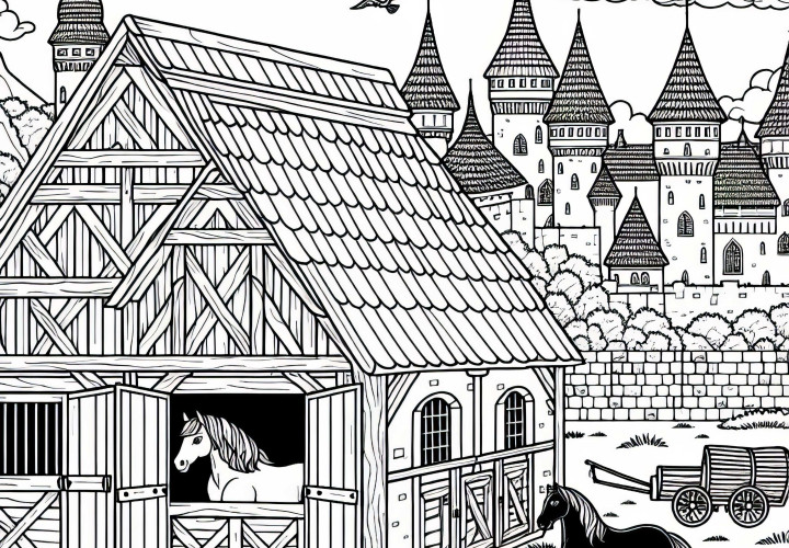 Free coloring page of a horse stable within the castle walls