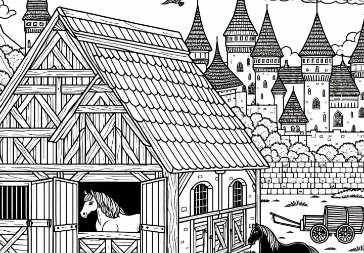 Free coloring page of a horse stable within the castle walls