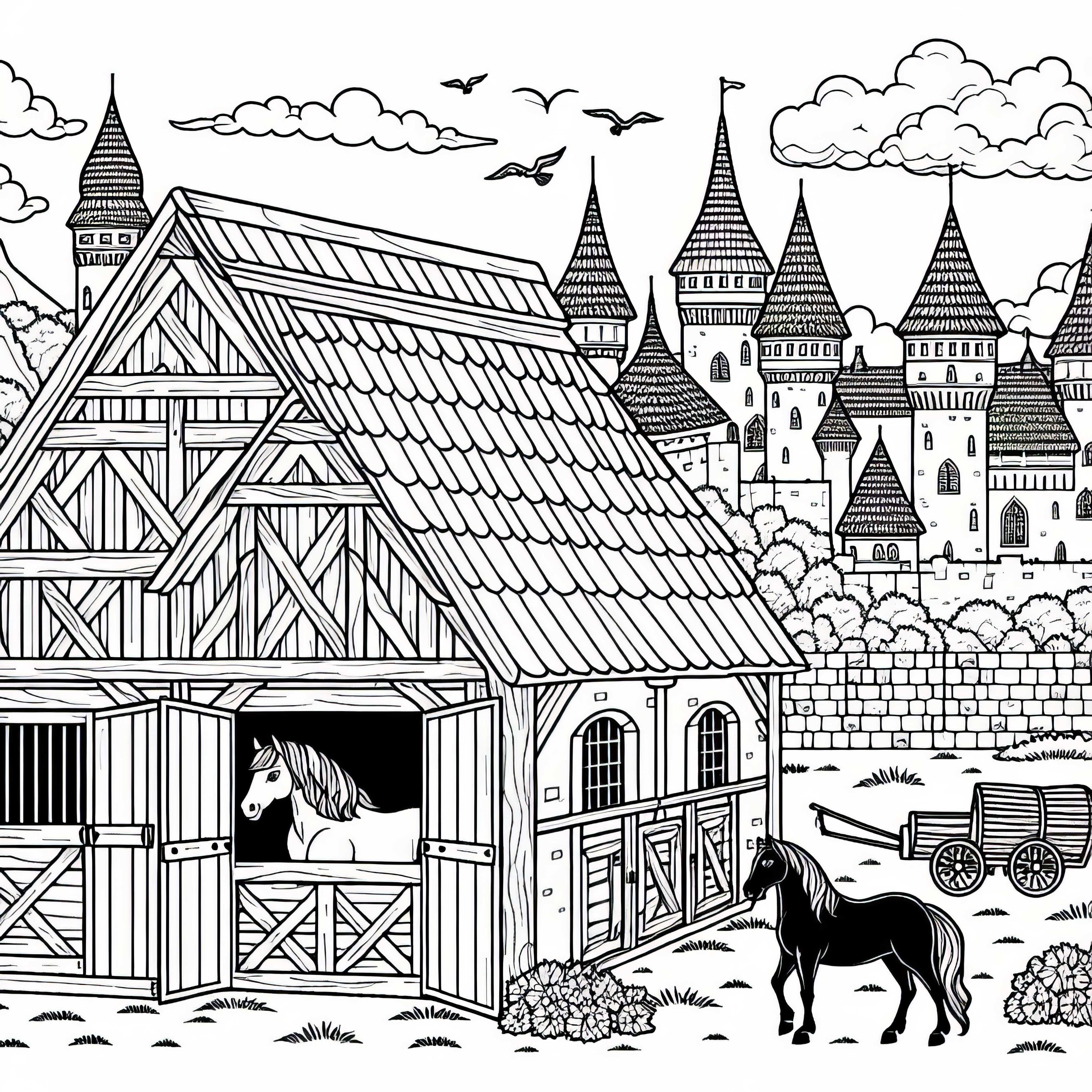 Free coloring page of a horse stable within the castle walls
