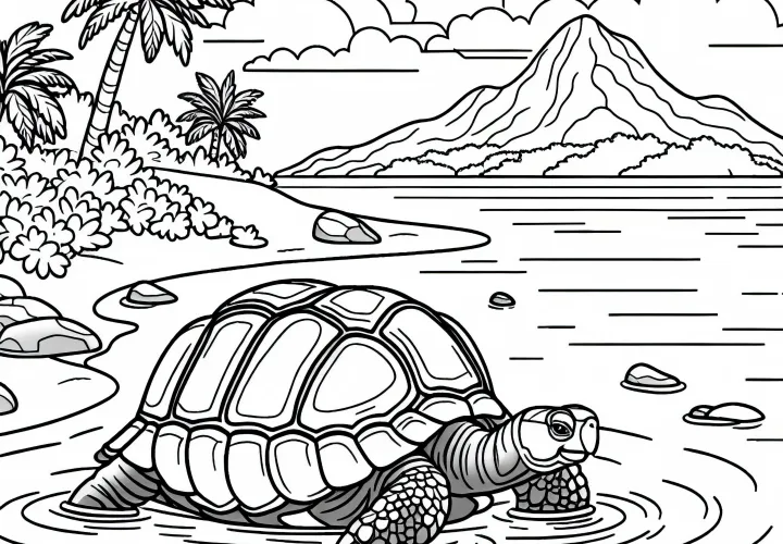 Turtle crawling in the water by an island - free coloring page