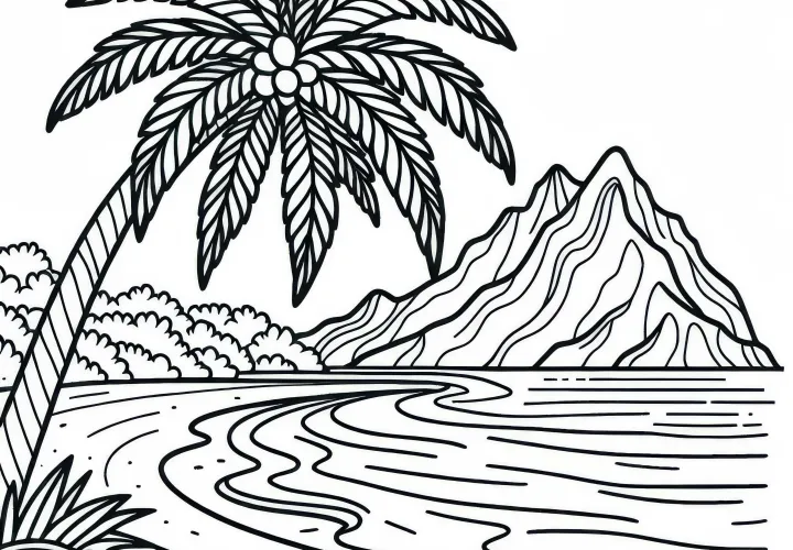 Palm leans over the sandy beach of an island - coloring page free of charge