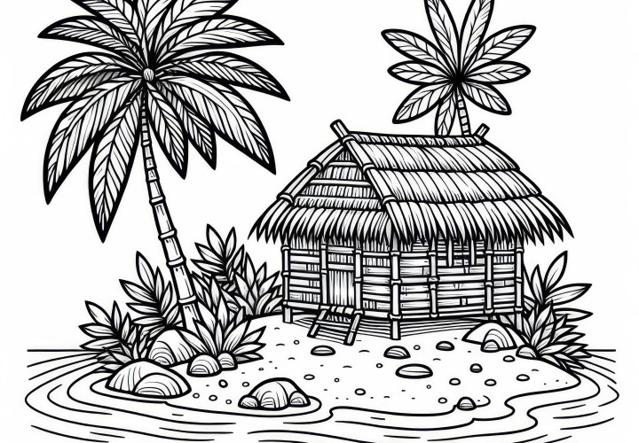 Хижа от бамбук и палмови листа на остров – безплатна оцветяваща страница