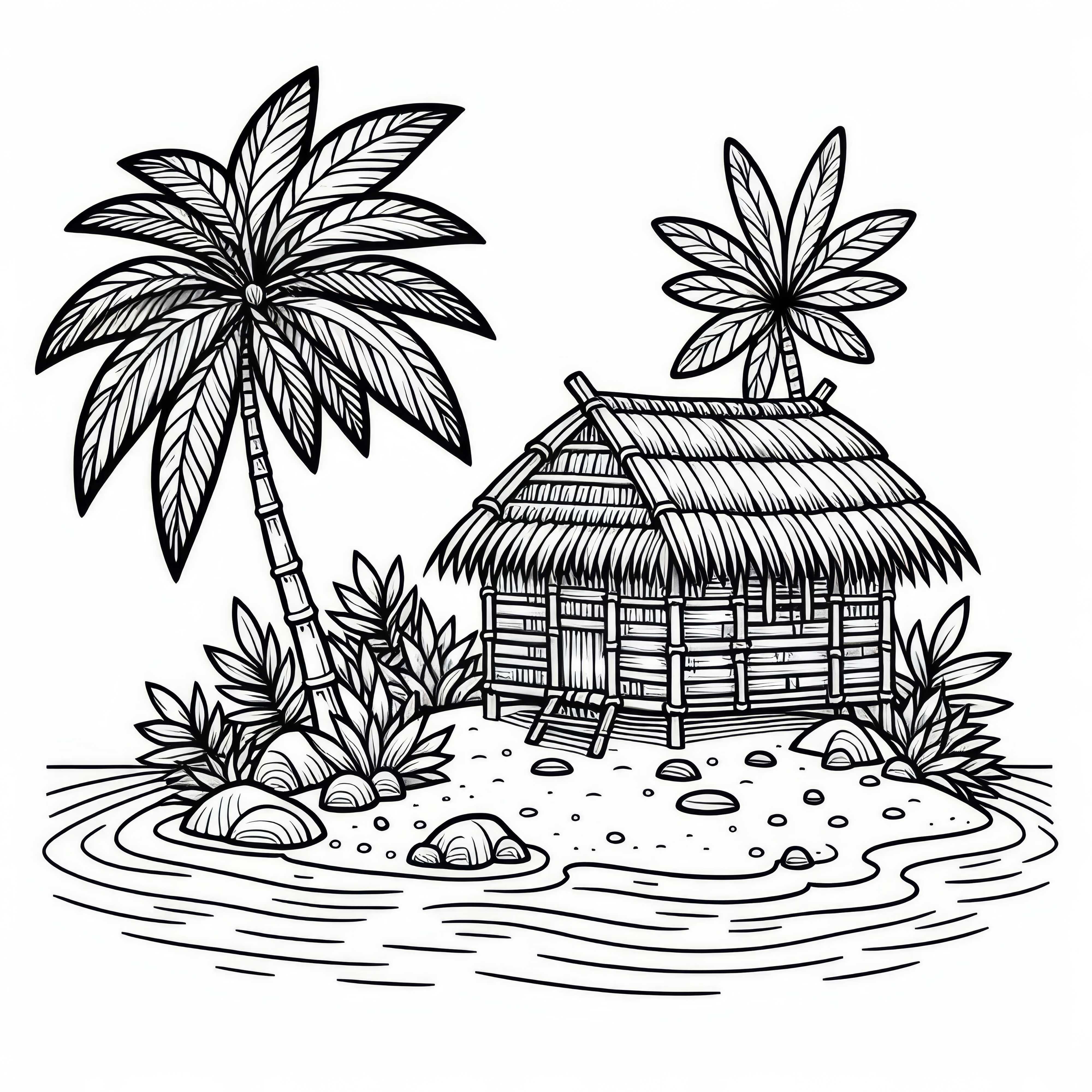 Хижи от бамбук и палмови листа на острова – безплатен шаблон за оцветяване Бунгала от бамбук и палмови листа на острова - безплатен шаблон за оцветяване