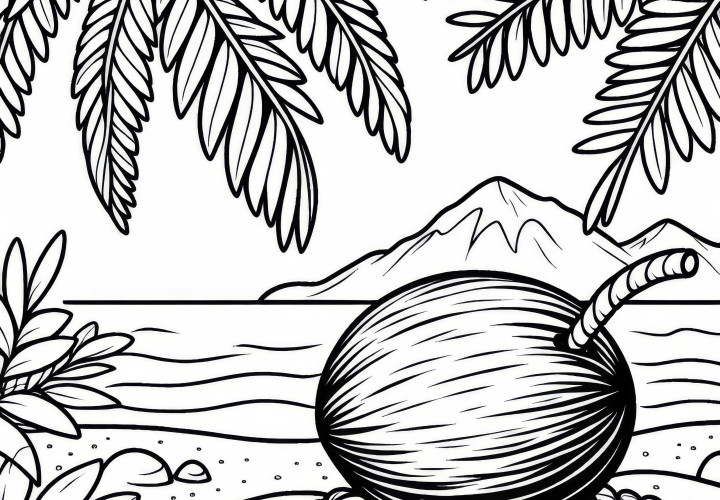 Кокосовата палма лежи на земята на един остров – Безплатна оцветяваща картина