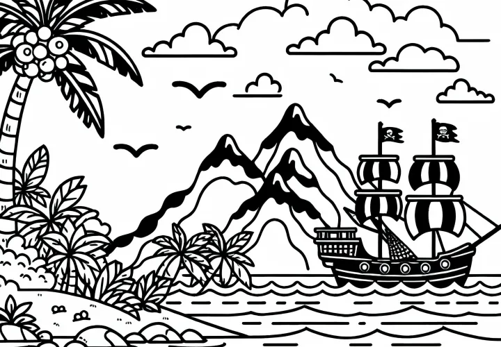 Pirate Ship Sails Past Island - Free Coloring Page