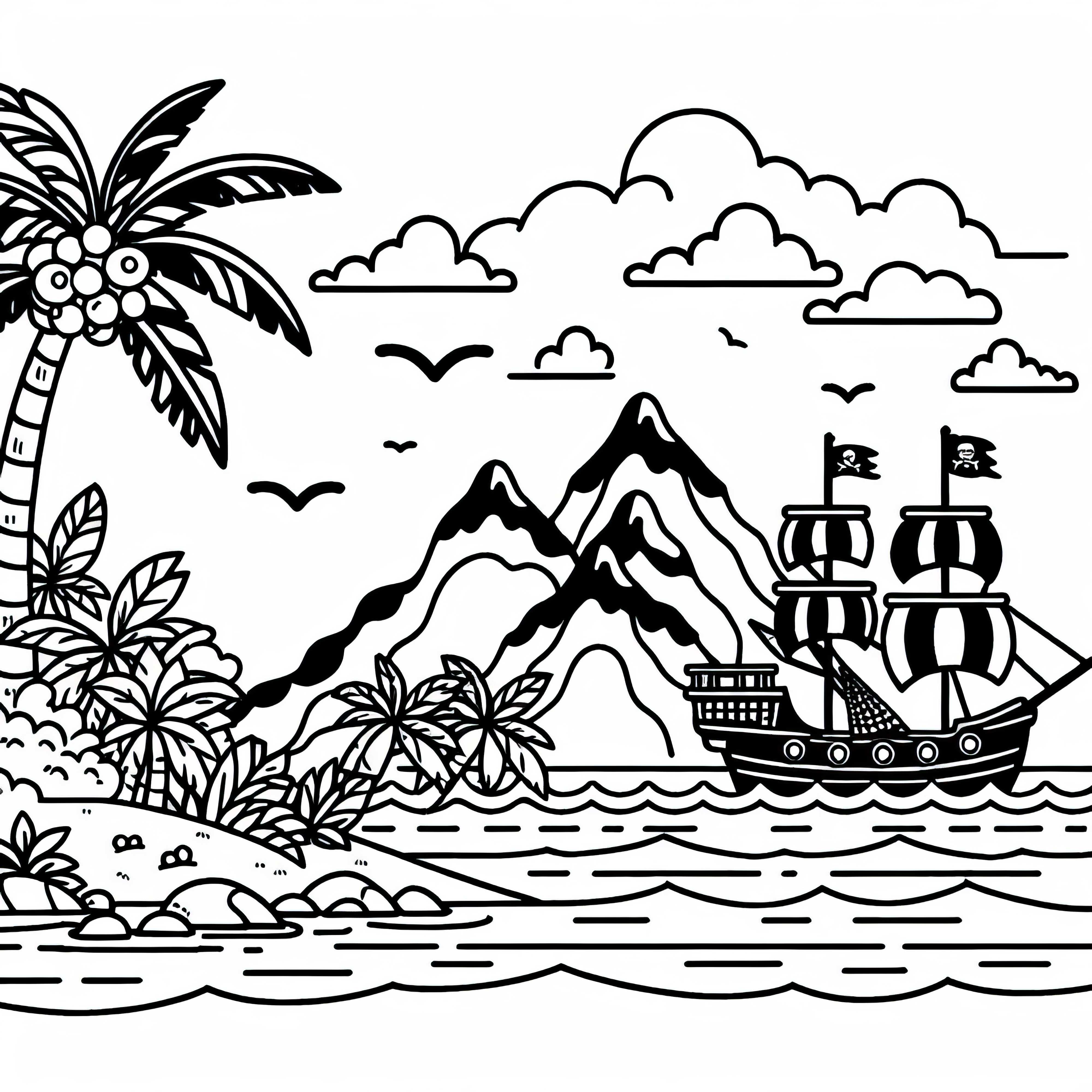 Пиратският кораб преминава покрай острова - безплатна цветна картина Пиратски кораб преминава покрай остров - безплатна оцветяваща картина