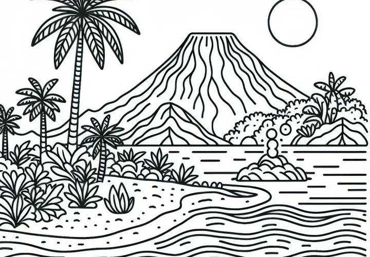 Coloring page of an island with a volcano - free coloring template