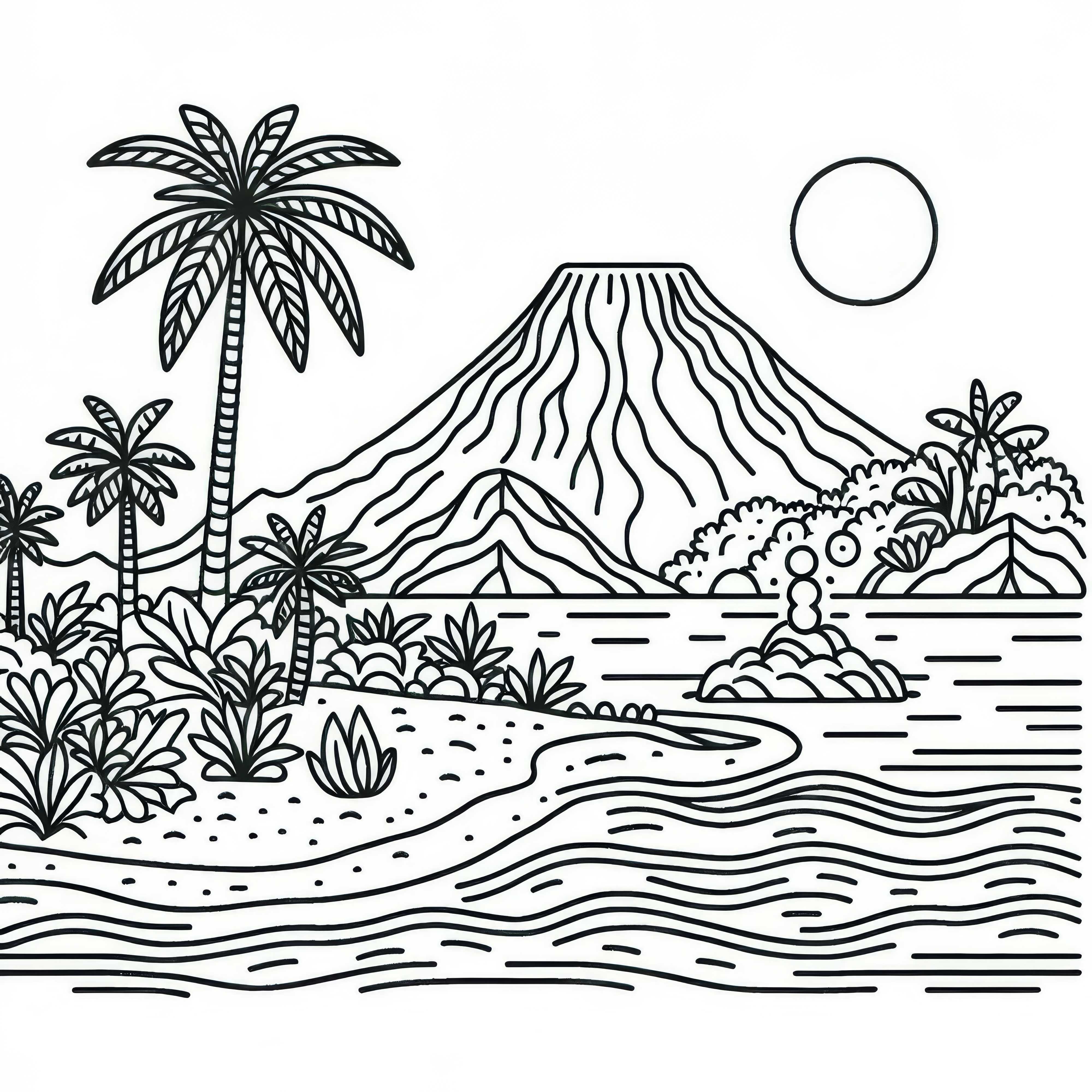 Оцветяваща страница на остров с вулкан - безплатен шаблон за оцветяване Оцветяваща рисунка на остров с вулкан - безплатен шаблон за оцветяване