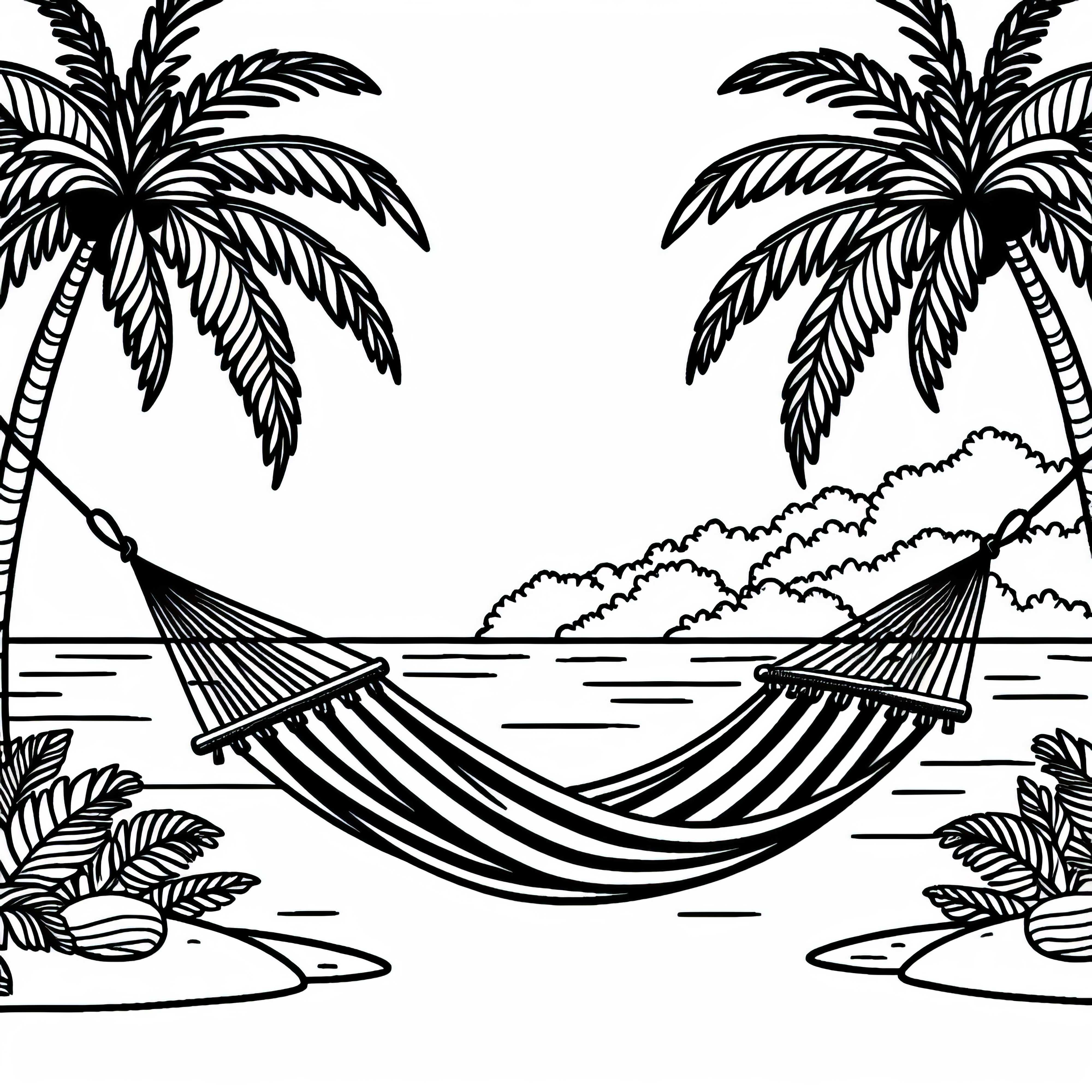 Хамака между две палми на един остров - Оцветяваща картина безплатно Хамак между две палми на острова – безплатна боячка