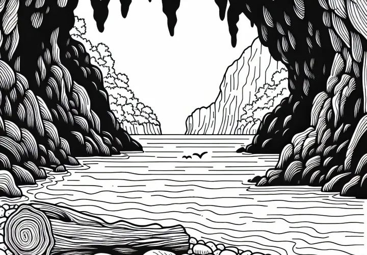 Mysterious cave on the coast of an island – Free coloring page