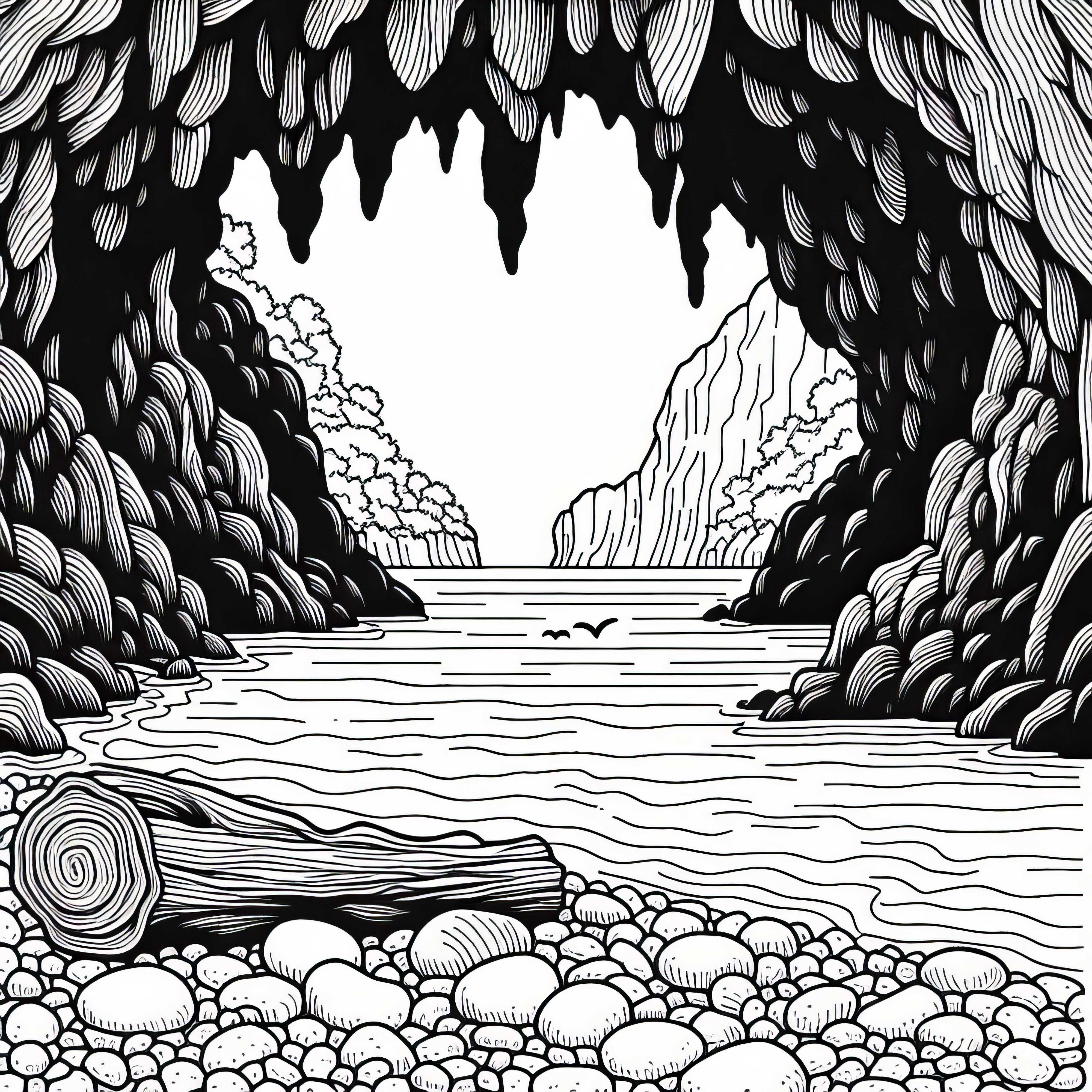 Тайна пещера на брега на острова – Безплатна оцветяваща страница Тайствена пещера на брега на остров – Безплатна оцветяваща страница