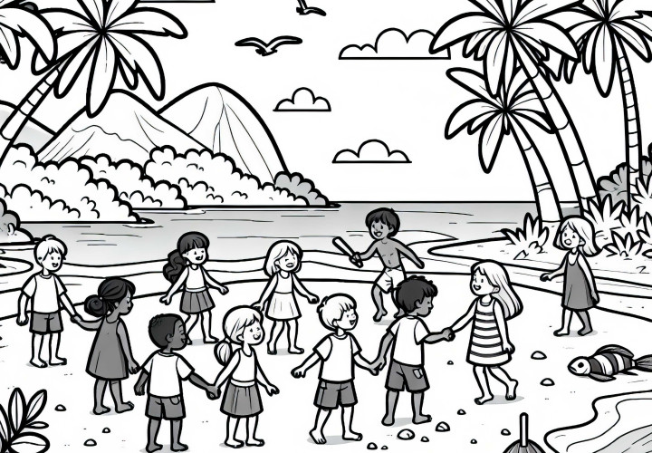 Децата играят на острова - Безплатна оцветявка