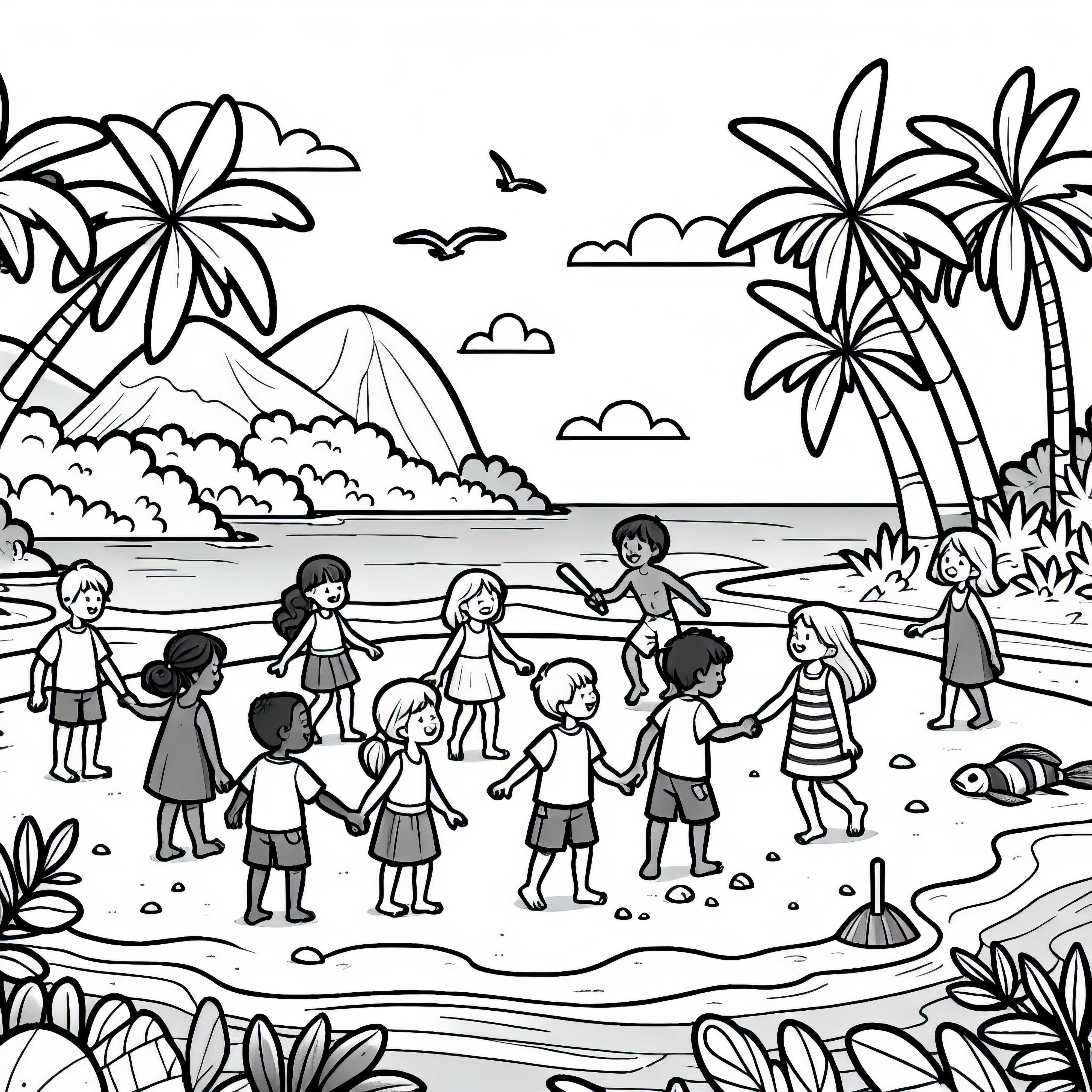 Децата играят на острова - безплатна картина за оцветяване Децата играят на острова - Безплатна картинка за оцветяване