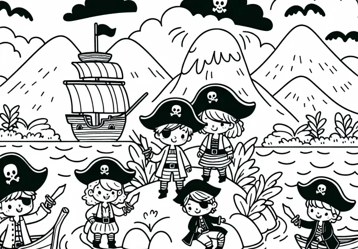 Children as pirates on an island - free coloring page
