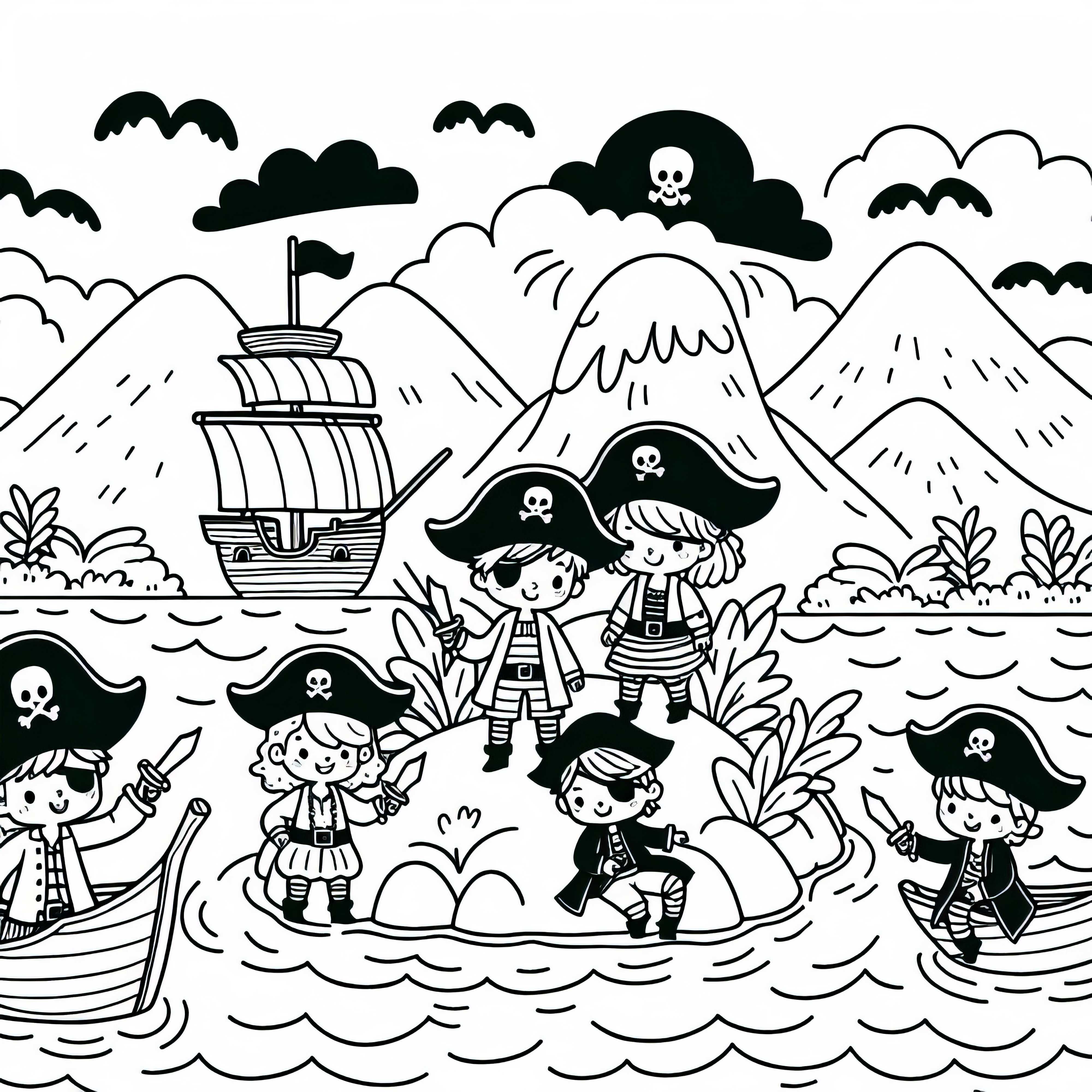 Деца като пирати на острова - безплатен шаблон за оцветяване Деца като пирати на остров – Безплатна оцветяваща страница