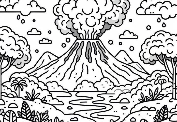 Vulcão fumegante com fluxos de lava – Modelo para colorir para crianças